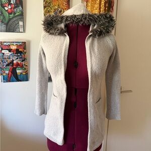 Women's Gray Hooded Jacket with Faux Fur Trim